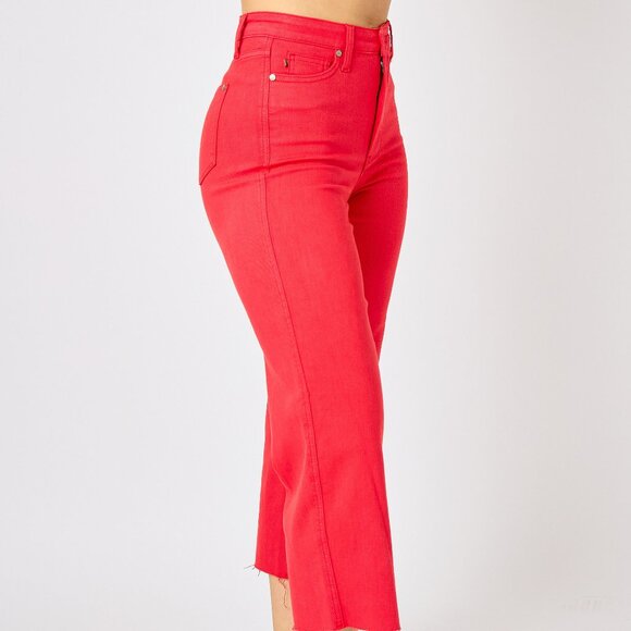 NWT Judy Blue High Waist Red Garment Dyed Tummy Control Crop Wide Leg - Picture 3 of 8